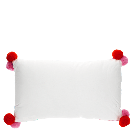 Embroidered cushion with pom poms - Rainbow