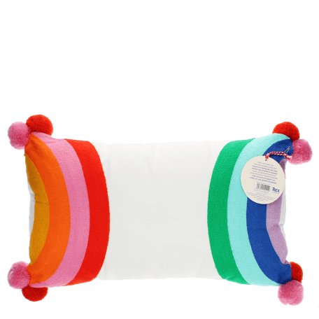 Embroidered cushion with pom poms - Rainbow