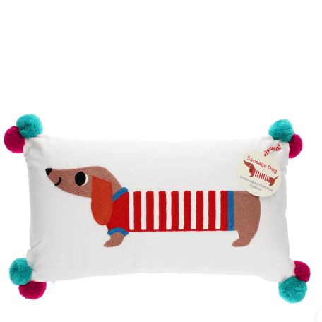 Embroidered cushion with pom poms - Sausage dog