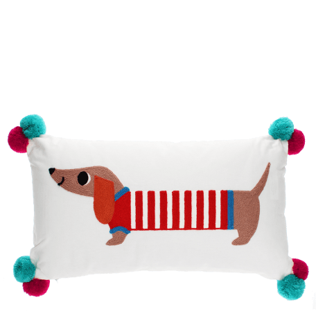 Embroidered cushion with pom poms - Sausage dog