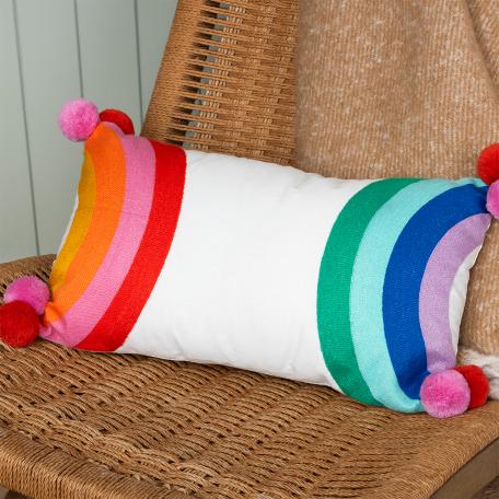 Embroidered cushion with pom poms - Rainbow