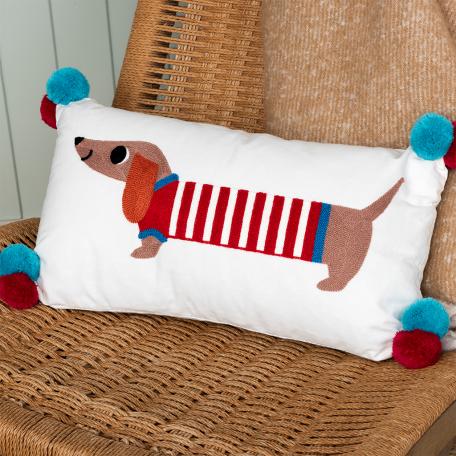 Embroidered cushion with pom poms - Sausage Dog