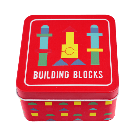 Wooden Building Blocks In A Tin