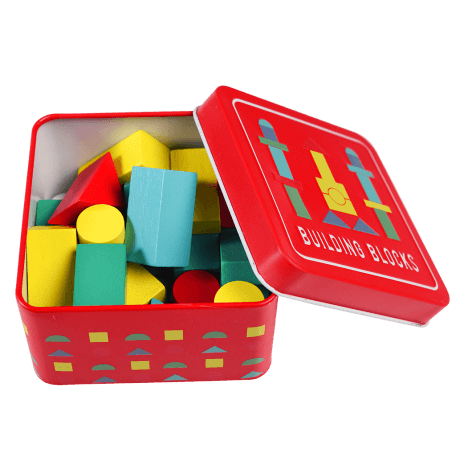 Wooden Building Blocks In A Tin