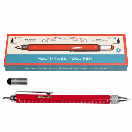 Red multi task tool pen with spirit level, removed touchscreen stylus and cross head screwdriver shown and box