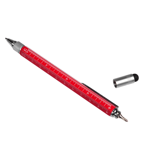 Red multi task tool pen with removed touchscreen stylus, cross head screwdriver and rulers in inches and centimetres shown