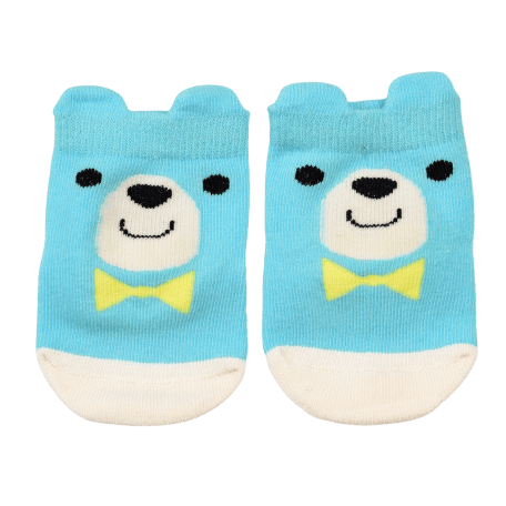 Pair of blue and white baby socks front side featuring bear face with yellow bow tie