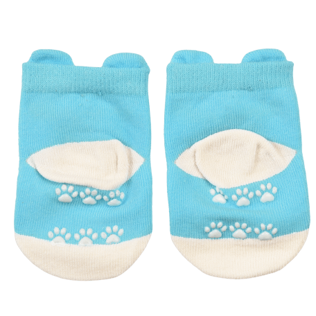 Pair of blue and white baby socks heel side featuring paw prints