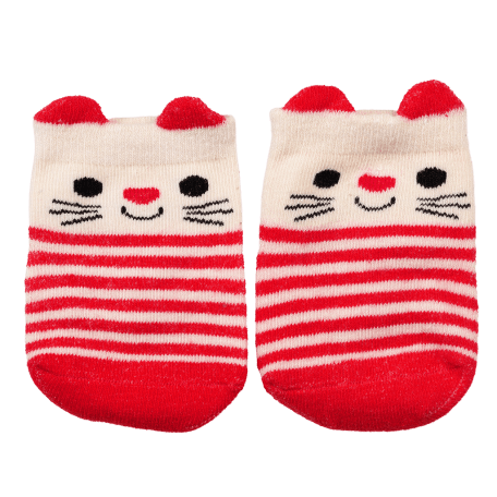 Pair of red and white striped baby socks front side featuring cat face