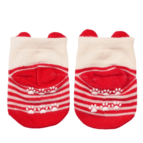 Pair of red and white striped baby socks heel side featuring paw prints