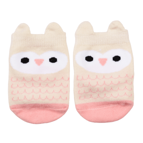 Pair of grey and pink baby socks front side featuring owl face