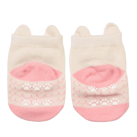 Pair of grey and pink baby socks heel side featuring paw prints