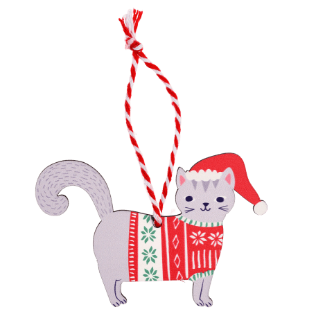 Wooden Christmas decoration grey cat front side