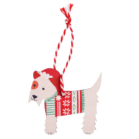 Wooden Christmas decoration white Scottie dog back side