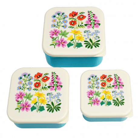 Three plastic snack boxes large medium small featuring wild flower pattern