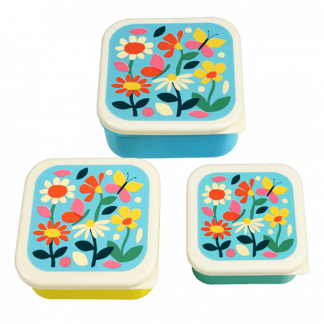 Three plastic snack boxes large medium small featuring prints of butterflies amongst flowers