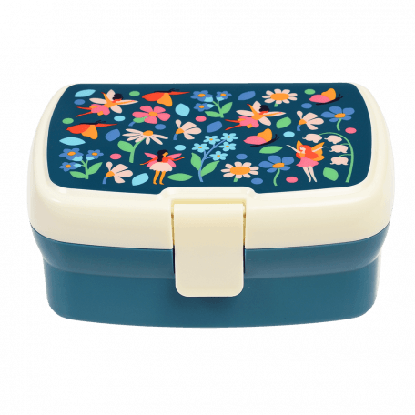 Dark blue lunch box with cream and dark blue lid featuring print of fairies amongst flowers