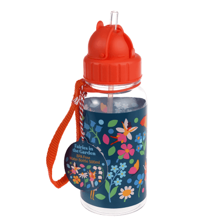 Medium size plastic water bottle for kids featuring fairies amongst flowers