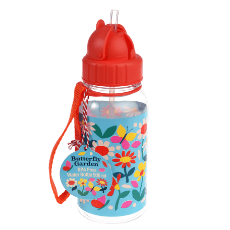 Medium size plastic water bottle for kids with red lid and carry loop handle featuring butterflies amongst flowers