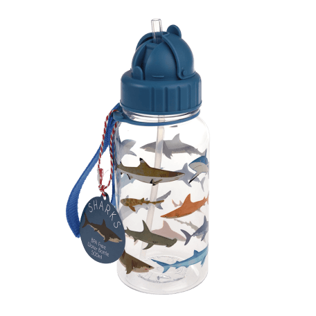 Medium size plastic water bottle for kids with dark blue lid and carry loop handle featuring pictures of sharks