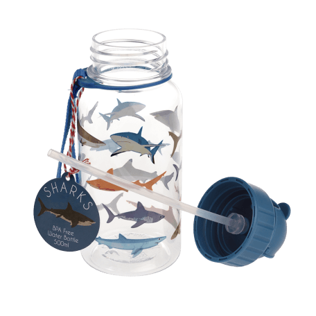 Sharks kids water bottle with lid unscrewed