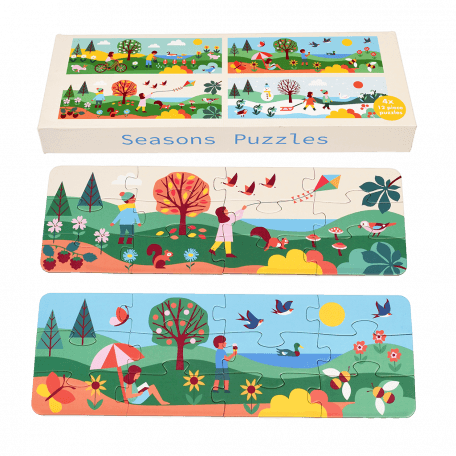 Four puzzles with spring, summer, autumn and winter scenes