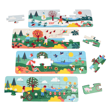 Four puzzles with spring, summer, autumn and winter scenes