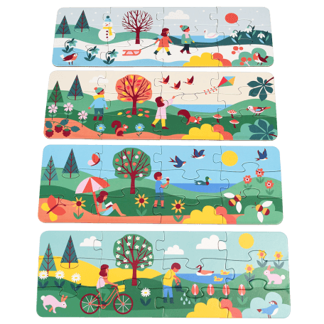 Four puzzles with spring, summer, autumn and winter scenes