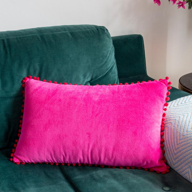 Velvet pom pom cushion Pink Rex London