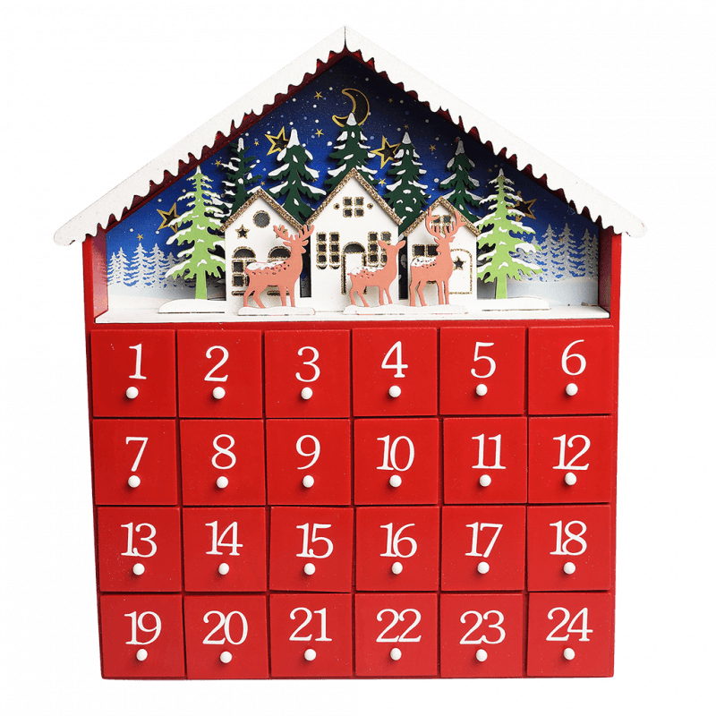 ﻿Wooden advent calendar with LED lights Red house ﻿Rex London