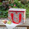 Tilde lunch bag on garden bench alongside macarons, strawberry and grapes