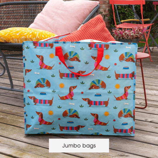 A bright blue storage bags with a print of sausage dogs