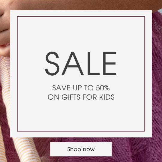 A banner with the text 'Sale: save up to 50% on gifts for kids'