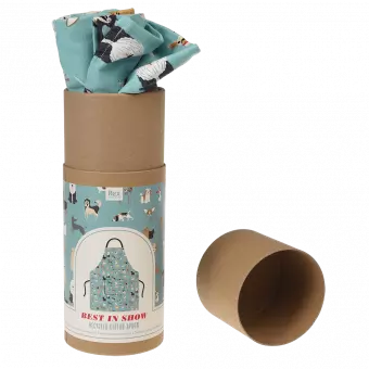 Best in Show recycled cotton apron slightly pulled out of cardboard tube with lid off