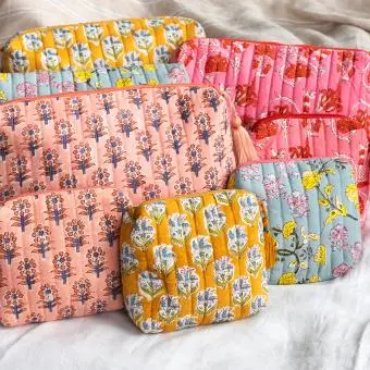 pink and yellow cotton wash bags and make up bags