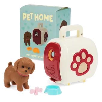 pet carrier with brown dog and a product box in the background