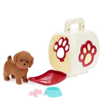pet carrier with red door and brown dog