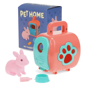 pet carrier with pink rabbit and packaging box in the background