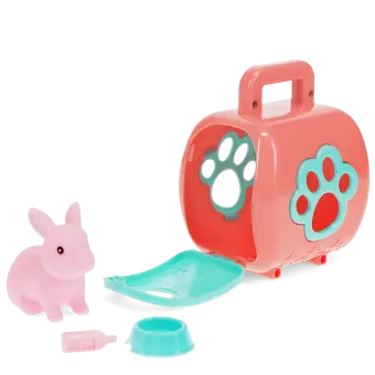 pet carrier with pink rabbit and a blue bowl