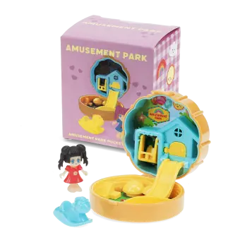 Amusement park play set in a yellow and blue with packaging box in the background