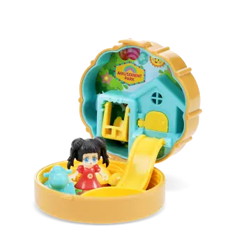 Amusement park play set in a yellow and blue playhouse