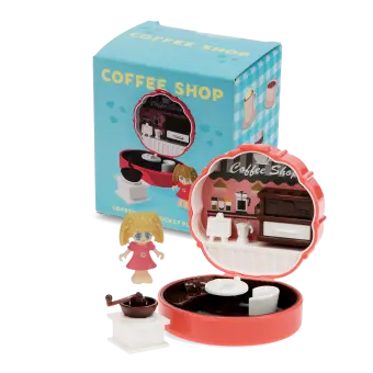 miniature coffee shop playset with packaging box in the background