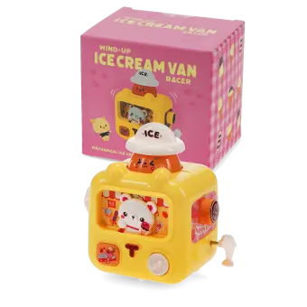 yellow wind up ice cream van with pink packaging box in background