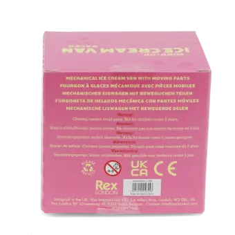 base of wind up ice cream van box with safety warning in multilingual