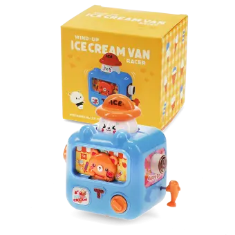 blue wind up ice cream van with yellow packaging box in background
