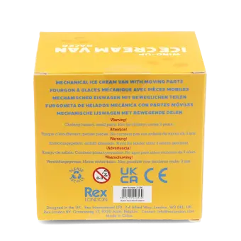 base of wind up ice cream van box with safety warning in multilingual