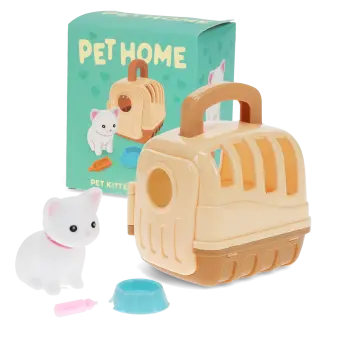 pet carrier with white cat and packaging box in the background