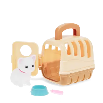 pet carrier with white cat and a blue bowl